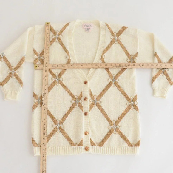 Vintage Joeclyn Smith Cream & Gold Button Up  Cardigan Knit Cardigan L - Picture 4 of 12